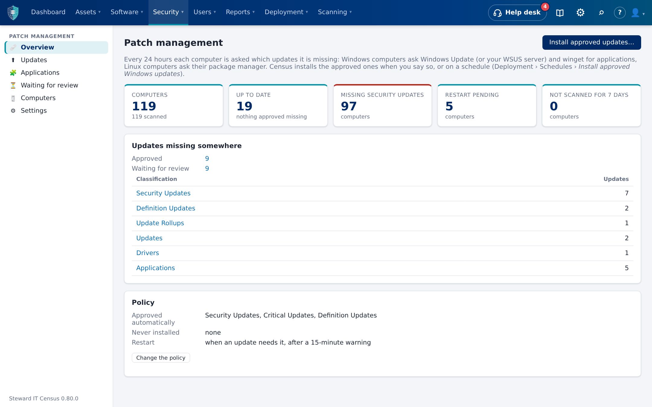 Patch management overview with computers, missing security updates, restarts pending and updates by classification